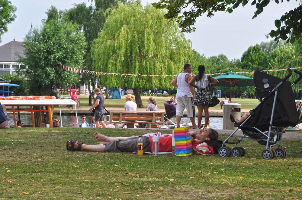Bancroft Gardens and the town centre of Stratford-upon-Avon
