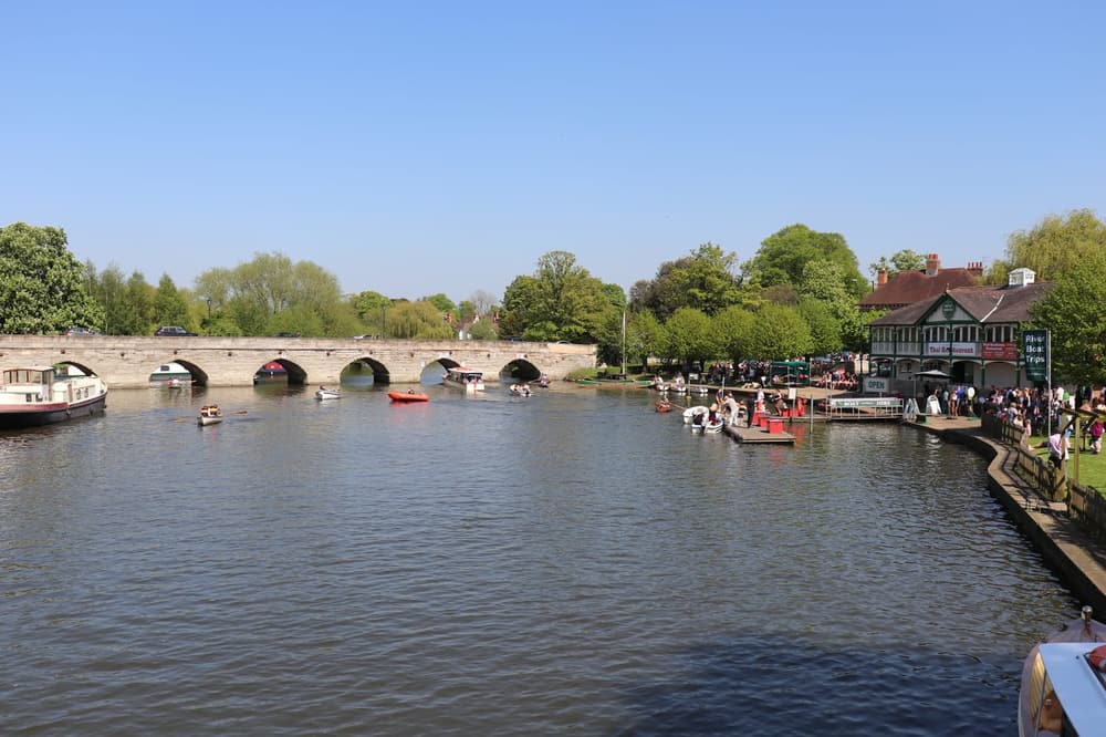 Clopton Bridge and the River Avon seen from the Tramway Bridge in Stratford-upon-Avon